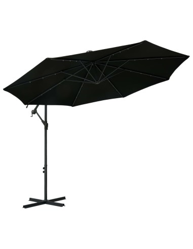 Градински чадър с LED осветление стоманен прът 300 см черен - 1