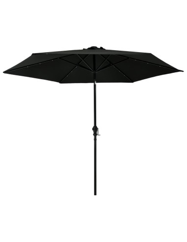 Градински чадър с LED лампички и стоманен прът, 300 см, черен - 1