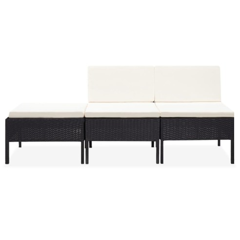 Градински комплект с кремави възглавници, 3 части, черен полиратан - 2