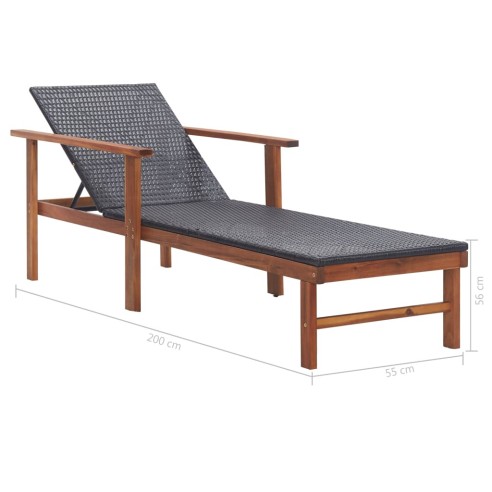 Шезлонг, полиратан и акация масив, черен - 9