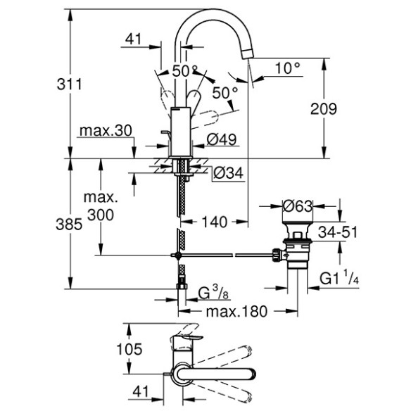 Grohe bauedge едноръкохватков смесител за умивалник 1/2″ l-размер - 2
