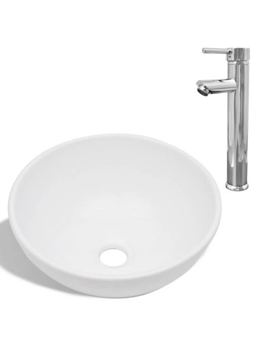 Мивка за баня със смесител, керамична, кръгла, бяла - 1