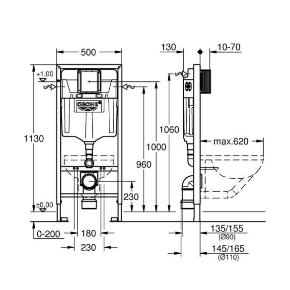 Структура за тоалетна чиния 3в1 с овален бутон и крепежи Rapid SL GROHE