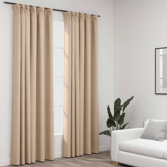 Затъмняващи завеси с куки имитация лен 2 бр. бежови 140x225 см - 4