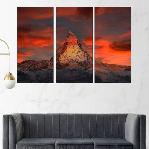 Залез над планински връх в Алпите  - картина пано за стена - 2
