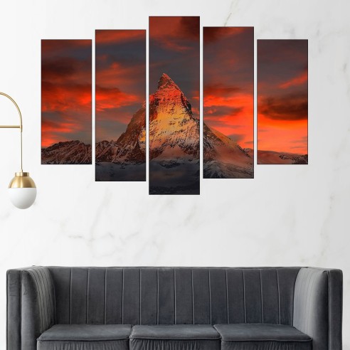 Залез над планински връх в Алпите  - картина пано за стена - 3