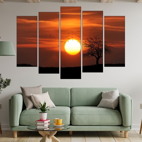 Залез над самотно дърво и птици - картина пано за стена - 3