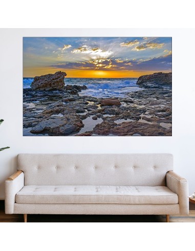 Залез над скалист морски плаж - картина пано за стена - 1