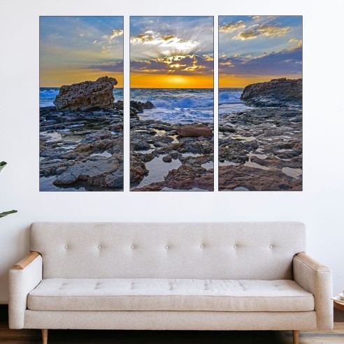 Залез над скалист морски плаж - картина пано за стена - 2