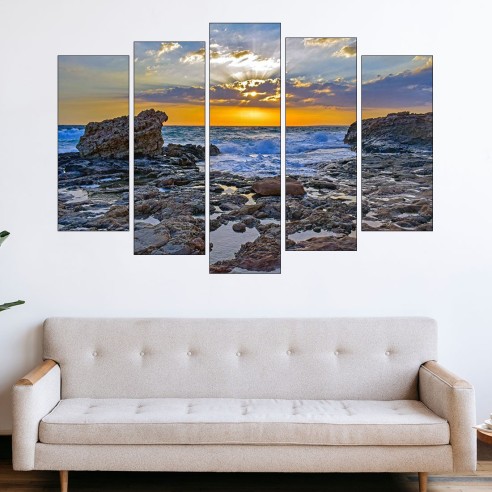 Залез над скалист морски плаж - картина пано за стена - 3