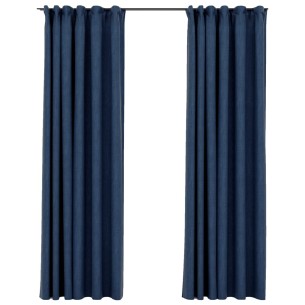 Затъмняващи завеси с куки имитация лен 2 бр. сини 140x225 см - 1