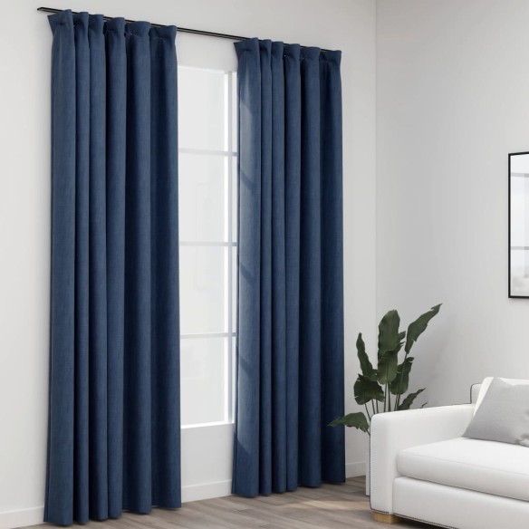 Затъмняващи завеси с куки имитация лен 2 бр. сини 140x225 см - 4