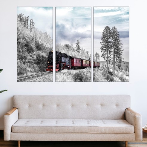 Пътнически влак през зимата - картина пано за стена - 1