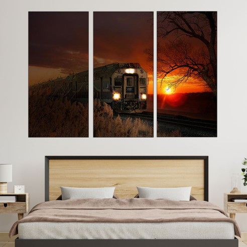 Влак по залез слънце - картина пано за стена - 1