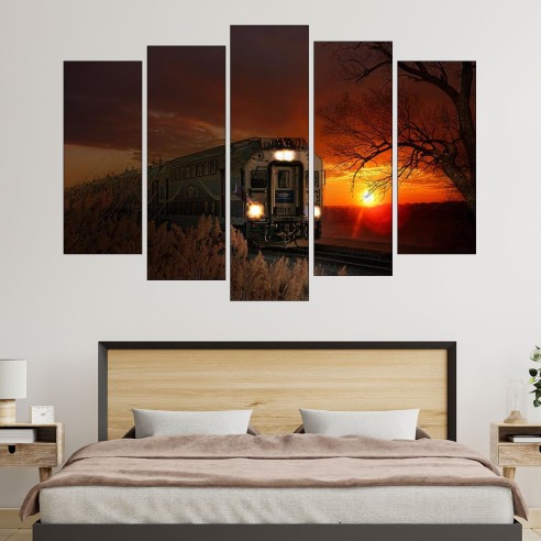 Влак по залез слънце - картина пано за стена - 3