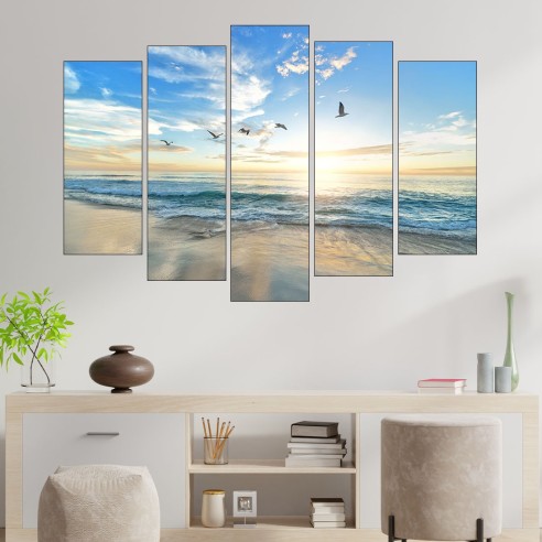 Изгрев и птици край морето - картина пано за стена - 3