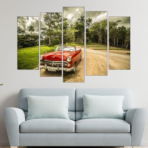 Червен ретро кабриолет - картина пано за стена - 3