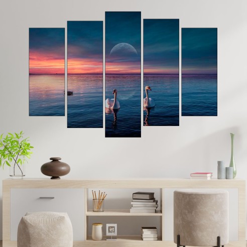 Двойка лебеди в езерото - картина пано за стена - 3