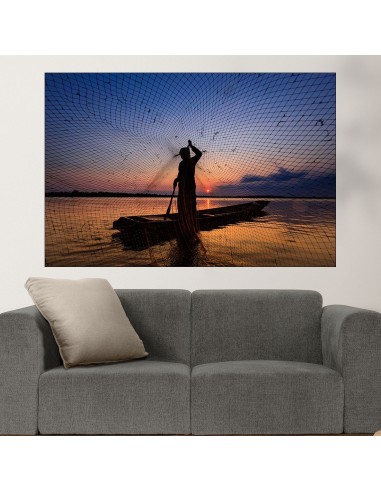 Рибар с мрежа по залез - картина пано за стена - 1