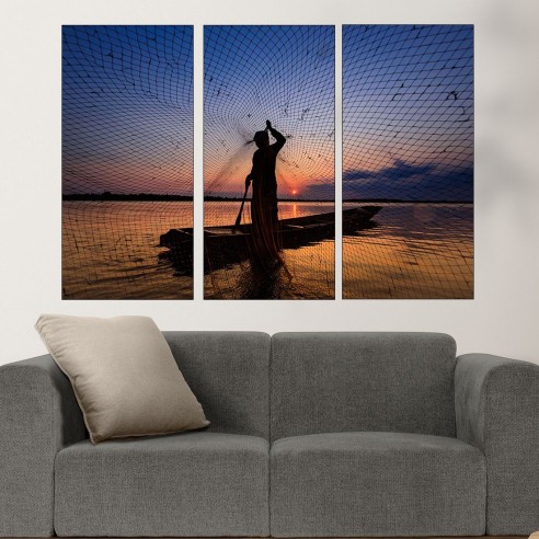Рибар с мрежа по залез - картина пано за стена - 2