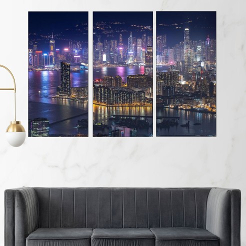 Нощен изглед на Хонг Конг - картина пано за стена - 2