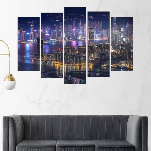 Нощен изглед на Хонг Конг - картина пано за стена - 3