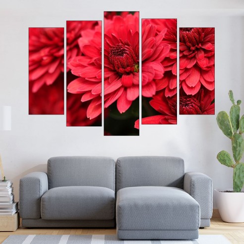 Червени хризантеми - близък план - картина пано за стена - 3