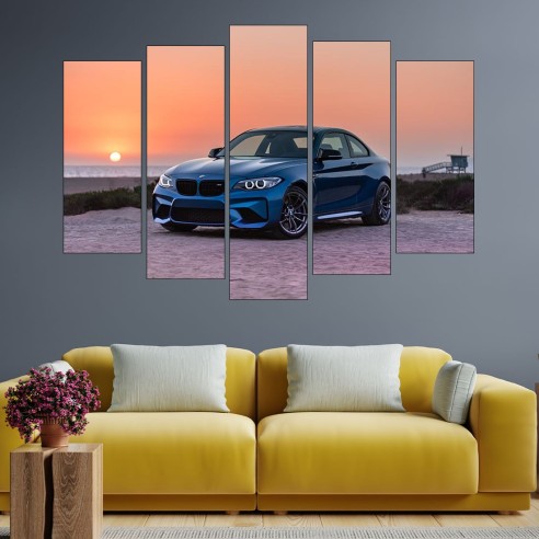 Синьо BMW и залез - картина пано за стена - 2