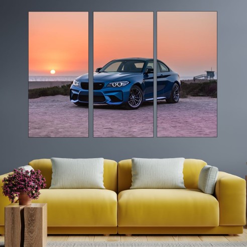 Синьо BMW и залез - картина пано за стена - 3
