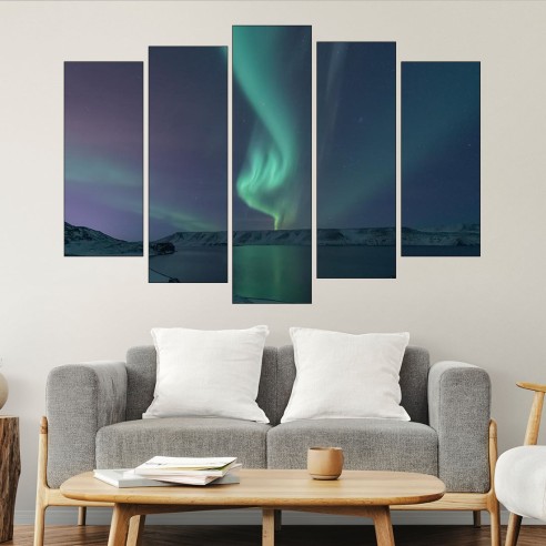 Северно сияние над езеро - картина пано за стена - 3