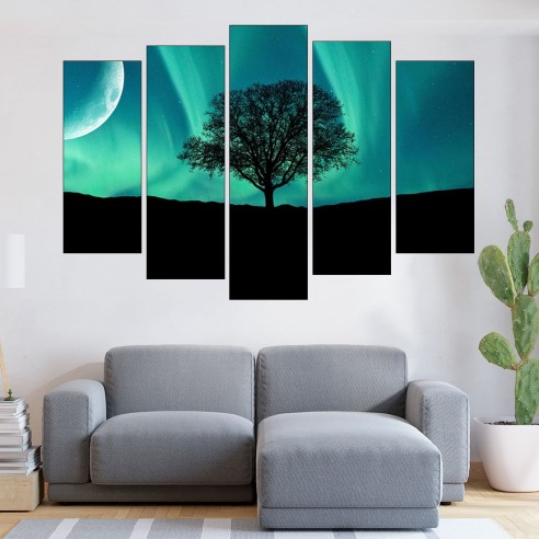 Северно сияние и дърво - картина пано за стена - 3