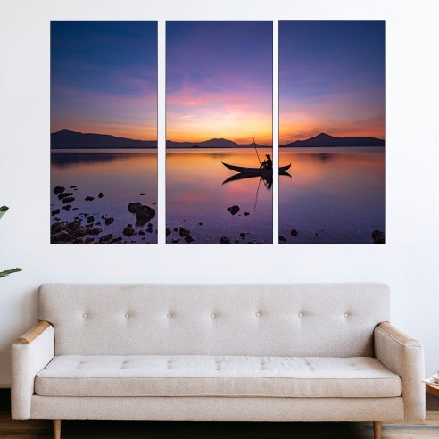 Рибар с лодка по залез - картина пано за стена - 2