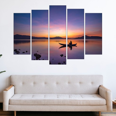 Рибар с лодка по залез - картина пано за стена - 3
