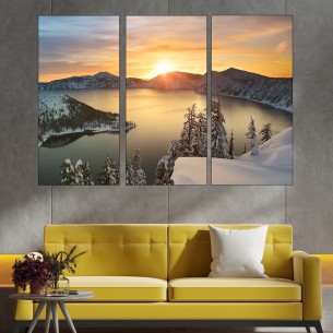 Изгрев над снежно езеро - картина пано за стена - 1 2