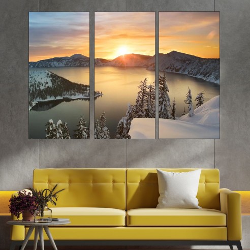 Изгрев над снежно езеро - картина пано за стена - 2