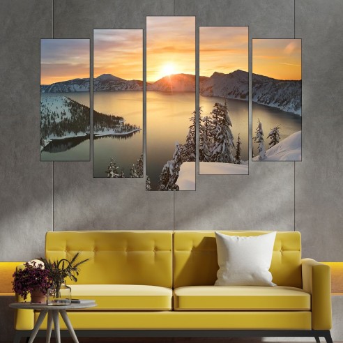 Изгрев над снежно езеро - картина пано за стена - 3