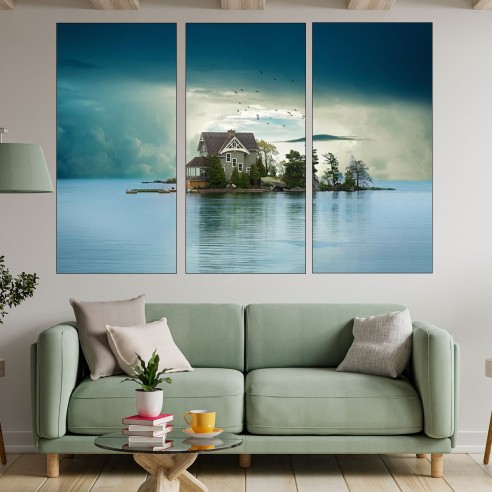 Къща на остров в езерото - картина пано за стена - 2