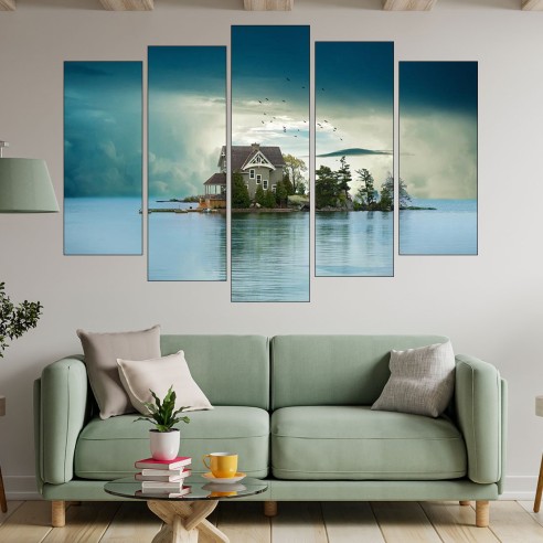Къща на остров в езерото - картина пано за стена - 3