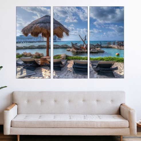 Шезлонги на тропически плаж - картина пано за стена - 2