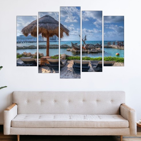 Шезлонги на тропически плаж - картина пано за стена - 3