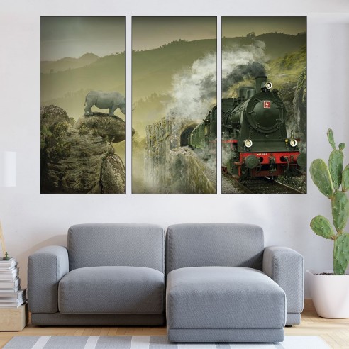 Влак и носорог -абстракция - картина пано за стена - 2