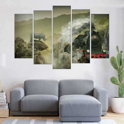 Влак и носорог -абстракция - картина пано за стена - 3