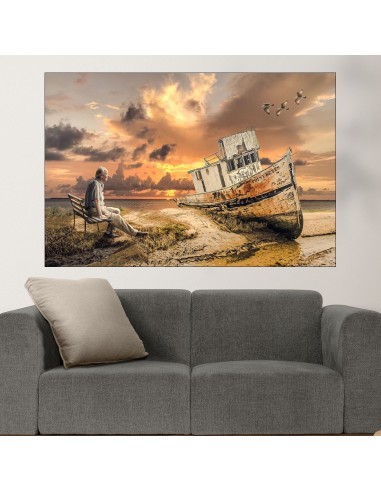 Старец и лодка на брега - картина пано за стена - 1