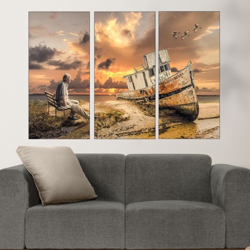 Старец и лодка на брега - картина пано за стена - 2