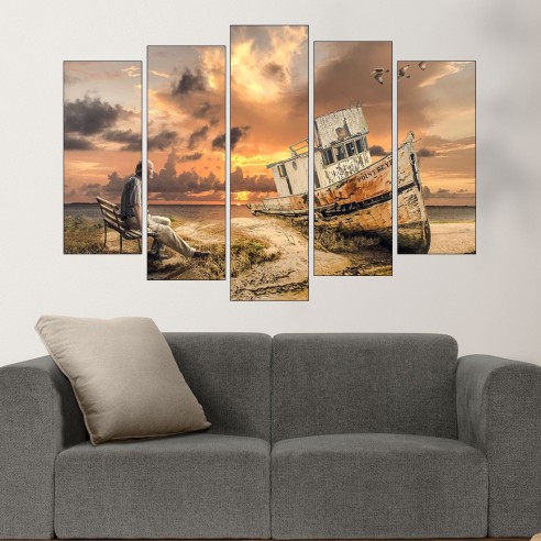 Старец и лодка на брега - картина пано за стена - 3