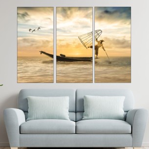 Рибар в езерото - картина пано за стена - 1 2