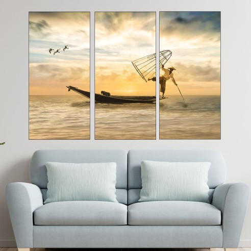 Рибар в езерото - картина пано за стена - 2