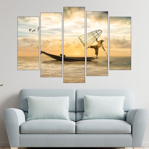 Рибар в езерото - картина пано за стена - 3