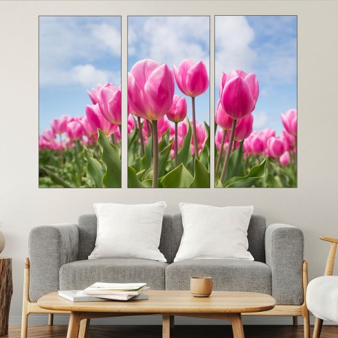 Поле с розови лалета - картина пано за стена - 2