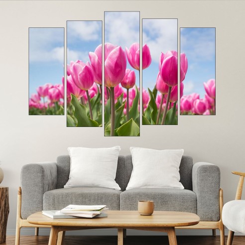 Поле с розови лалета - картина пано за стена - 3